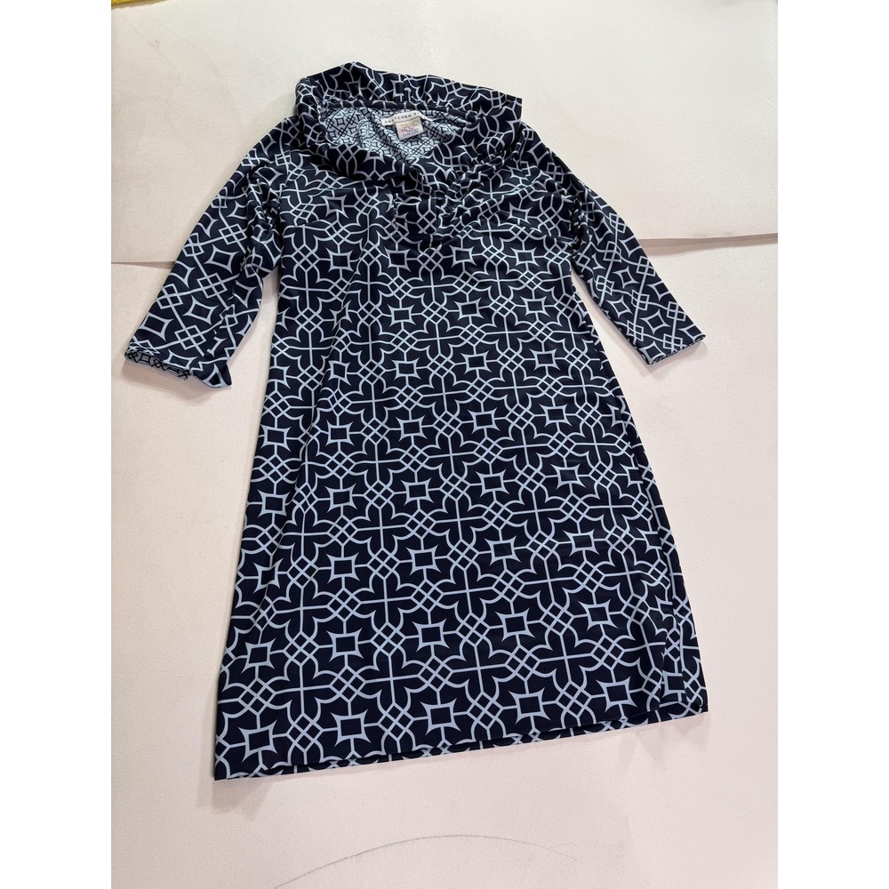 Gretchen Scott Dress Womens Medium Blue Geometric Cowl Neck 3/4 Sleeve Shift
